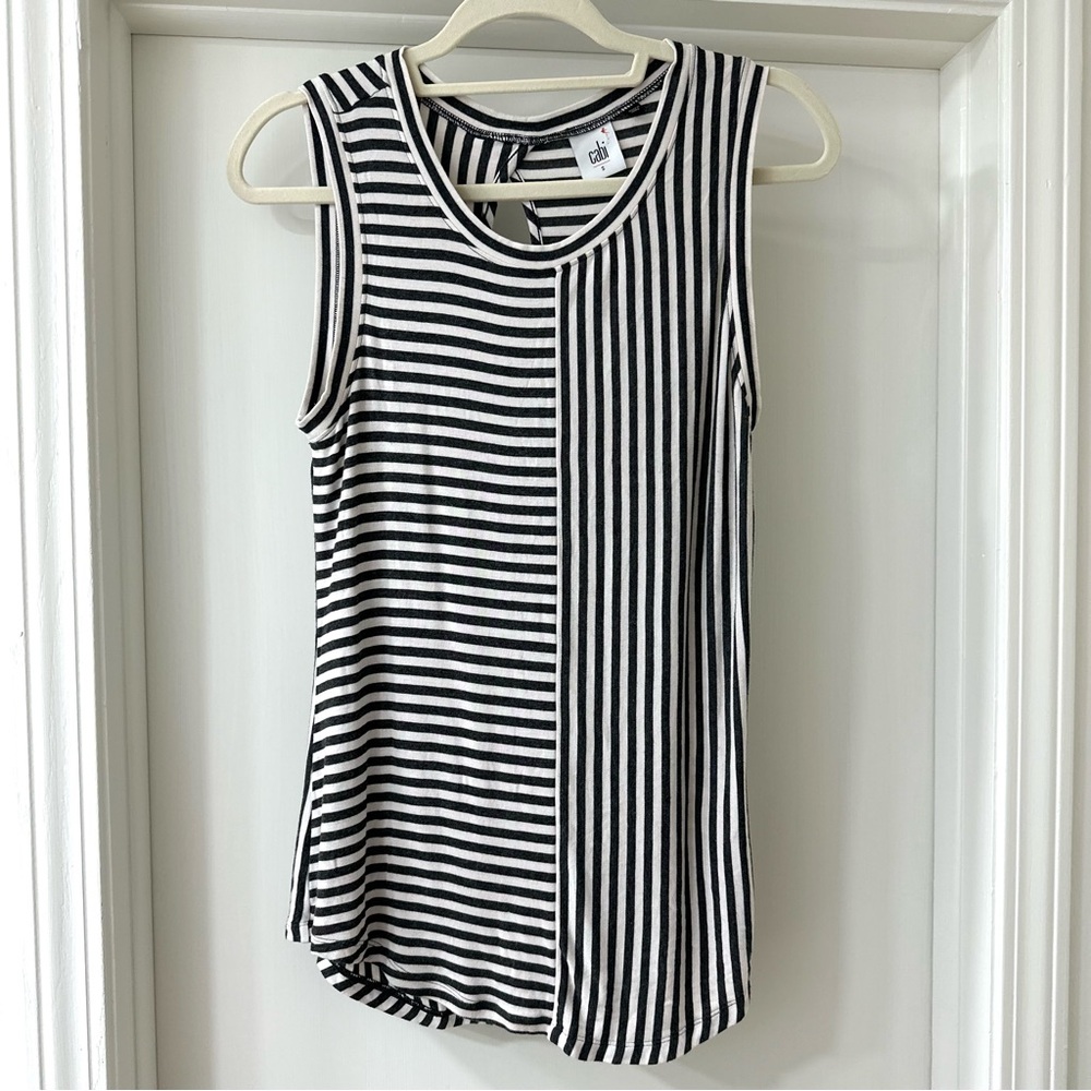 CAbi London Contrast Black & White Striped Tank Top, Size Small